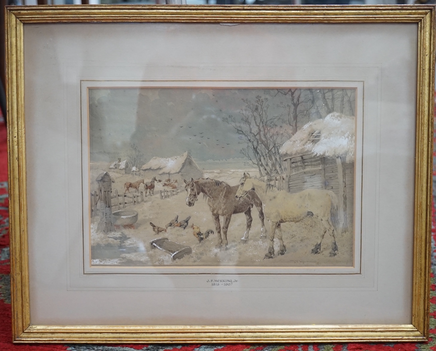 After J. F. Herring (1815-1907), watercolour on paper, winter farmyard scene, 20.5 x 30cm. Condition - fair